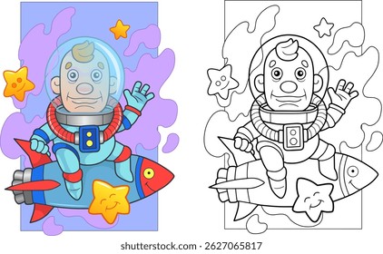 astronauta engraçado no foguete, página colorida para crianças