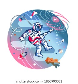 Funny astronaut playing guitar in space. Man playing funky disco music on instrument in spacesuit. Space exploration fun entertainment vector illustration. Cosmonaut in universe.