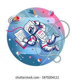 Funny astronaut reading book in space. Man flying with open book in spacesuit. Space exploration fun entertainment vector illustration. Cosmonaut in universe, sky with planets and comets.