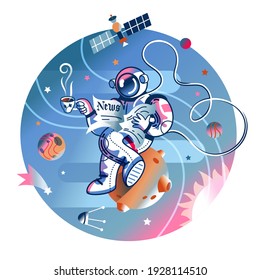 Funny astronaut reading newspaper with cup of coffee in space. Man flying with open paper in spacesuit. Space exploration fun entertainment vector illustration. Cosmonaut in universe.