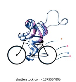 Funny astronaut riding bike in space. Man in spacesuit exercising on bicycle. Space exploration fun entertainment vector illustration. Cosmonaut in universe, stars and planets.