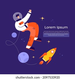 Funny astronaut with a rocket in space. Space exploring. Poster, banner. Hand drawn vector illustration isolated on blue background with text