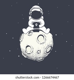 funny astronaut sits on moon and looks into the smartphone .Space vector illustration.Prints design