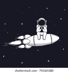 Funny astronaut sits on rocket and play with mobile phone,smartphone.Prints vector design.