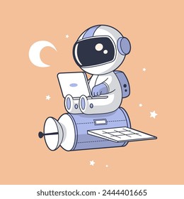 Funny astronaut sitting on a space satellite working on a laptop vector cartoon illustration in vintage style