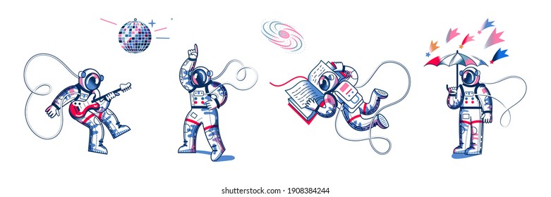 Funny astronaut in space set. Man dancing to funky disco music, playing guitar, standing with umbrella in space, reading book. Space exploration fun entertainment vector illustration.