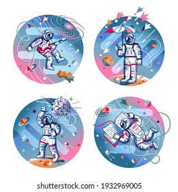 Funny astronaut in space set. Man dancing to funky disco music, playing guitar, standing with umbrella in space, reading book. Space exploration fun entertainment vector illustration.