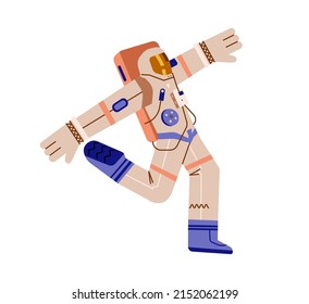 Astronauta divertida en discoteca de traje espacial, ilustración vectorial plana aislada en fondo blanco. Caricatura de Spaceman.