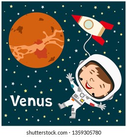 Funny astronaut in a spacesuit flying in space next to Venus