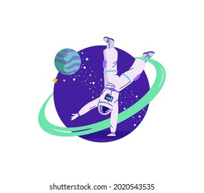 Astronauta divertida de pie en el brazo, descanso bailando en un nuevo planeta en el espacio. Logo, icono, arte de ficción, aplicaciones, juegos y diseño de cómics. Ilustración vectorial de dibujos animados.