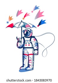 Funny astronaut standing with umbrella. Man in spacesuit, comets flying. Space exploration fun entertainment vector illustration. Cosmonaut in universe.