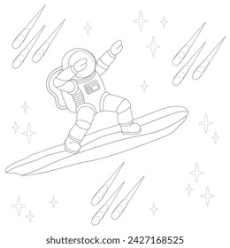 Funny astronaut surfing space on interstellar asteroid among comets. Black and white. Cartoon vector illustration for coloring book.