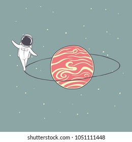 Funny astronaut walks around the ring of Saturn.Space vector illustration.