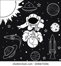 Funny astronaut watering the trees he has grown on earth to save the world, for design element.Vector illustration