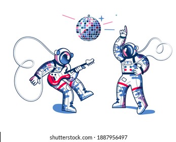 Astronautas divertidos tocando guitarra y bailando en discoteca en los espacios. Hombre escuchando y tocando música divertida de disco con fondo blanco. Ilustración vectorial de diversión de exploración espacial.