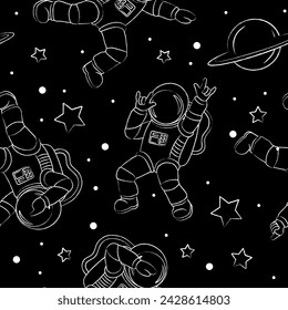 Funny astronauts in space making gestures. Sign language. White outline on black background. Cartoon vector illustration. Seamless pattern.