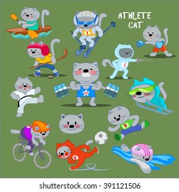 Funny athlete cat clip art set. Icons. Sport. Vector illustration.