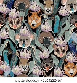 Funny Australian animals head and flowers on black color background. Seamless vector pattern. Surface design for fabric, wallpaper, wrapping paper, invitation card, scrapbooking.