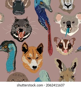  Funny Australian animals head on pale pink color background. Seamless vector pattern. Surface design for fabric, wallpaper, wrapping paper, invitation card, scrapbooking.