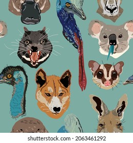  Funny Australian animals head on sage green color background. Seamless vector pattern. Surface design for fabric, wallpaper, wrapping paper, invitation card, scrapbooking.