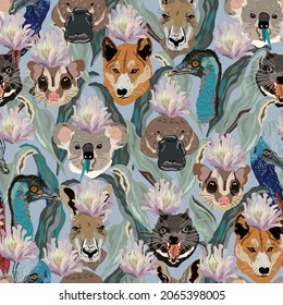 Animales australianos divertidos con un fondo de color verde azulado. Patrón vectorial sin cable. Diseño de superficie para tela, papel pintado, papel envolvente, tarjeta de invitación, scrapbooking.