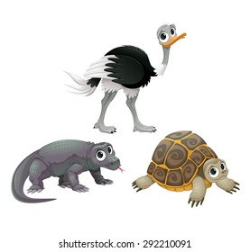 Funny Australian animals, ostrich, turtle and Komodo dragon. Vector cartoon isolated characters.
