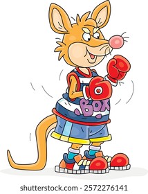 Funny Australian kangaroo boxer in sportswear with boxing gloves preparing for a fight in a ring, vector cartoon illustration on a white background