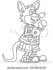 Funny Australian kangaroo boxer in sportswear with boxing gloves preparing for a fight in a ring, black and white outline vector cartoon illustration for a coloring book