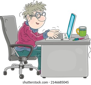 Funny author writing his story on a laptop, vector cartoon illustration on a white background