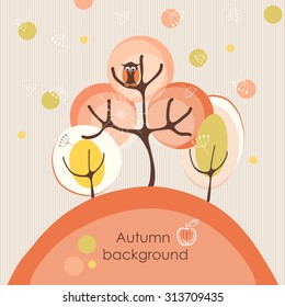 Funny autumn background with trees and owl for design post cards, notebooks, scrap-booking