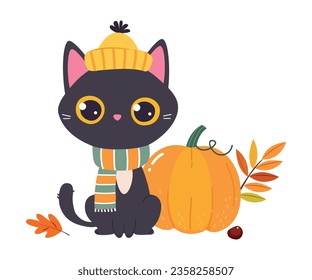 Funny Autumn Black Cat in Hat and Scarf Sit Near Pumpkin Vector Illustration