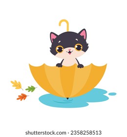 Funny Autumn Black Cat Sitting in Open Umbrella Vector Illustration