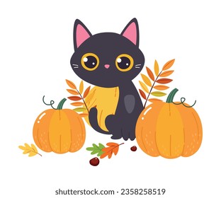 Funny Autumn Black Cat Sitting Near Orange Pumpkin and Leaf Vector Illustration