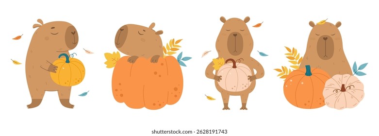 Funny autumn capybara with pumpkin vector set