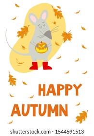 Funny autumn card with cute rat and pumpkin, halloween postcard. Vector illustration. Year of the Rat. Lettering - happy autumn