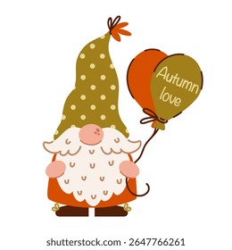 Genoma de outono engraçado. Genoma bonito com barba segura balões coloridos. Personagem mágico do folclore escandinavo. Anão em um chapéu de bolinhas. Cartoon clipart vetor plano para Ação de Graças, festa de outono