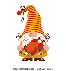 Funny autumn gnome. A cute elf with a beard holds a roasted turkey. Magical Scandinavian character. A dwarf in a striped hat, with a grilled poultry for family dinner. Vector clipart for Thanksgiving