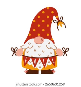 Funny autumn gnome. Cute elf with a beard holds a festive seasonal garland. Magical Scandinavian character. Dwarf in a polka dot hat, with a banner for the fall party. Vector clipart for Thanksgiving