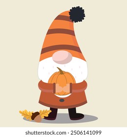 Funny autumn gnome with pumpkin, acorn and leaves. Vector illustration for postcard, banner, invitation, sticker, greeting card, sesonal template design.