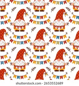 Funny autumn gnomes, seamless vector pattern. Cute elves with beards are holding festive seasonal garlands. Dwarves in hats, with a flags for the fall party. Background for Thanksgiving, ornament