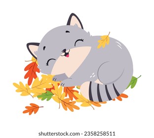 Funny Herbst Gray Cat Cuddle in Foliage Vektorgrafik