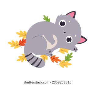 Funny Autumn Grey Cat Lying Among Foliage and Leaf Vector Illustration