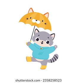 Funny Autumn Grey Cat Walking in Boots with Umbrella Vector Illustration