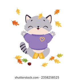 Funny Autumn Grey Cat Wear Sweater Sitting Among Foliage Vector Illustration