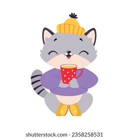 Funny Autumn Grey Cat Wear Hat Sit with Warm Drink in Mug Vector Illustration