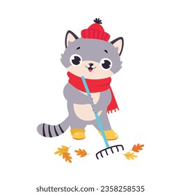 Funny Autumn Grey Cat Wear Scarf Gather Foliage with Rake Vector Illustration