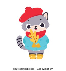 Funny Autumn Grey Cat Wear Warm Beret and Coat Stand with Leaf Vector Illustration