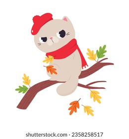 Funny Autumn Grumpy Cat Wear Scarf and Beret Sitting on Tree Branch Vector Illustration