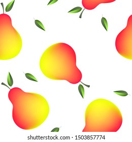 Funny autumn illustration with colorful pears. Seamlees pattern with cute fruits  on white background. Food concept. Template design for invitation, poster, card, fabric, textile.