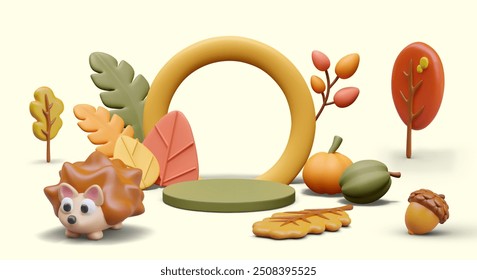 Funny autumn landscape in 3D plasticine style. Empty scene in park, forest